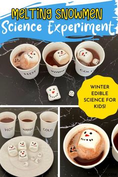 the science experiment is in cups with marshmallows on them and other items