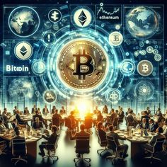 a group of people sitting around a table with bitcoin on it