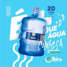 a large blue water bottle sitting on top of a blue and white background with the words fibra written below it