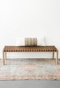 Teak framed Woven Leather Strap Bench styled at bottom of bed in bedroom. Furniture Handcrafted in Bali.- Saffron and Poe Woven Leather Bench, Woven Bench, Dining Room Bench Seating, Dining Ideas, Mid Century Aesthetic, Entry Bench, Natural Teak Wood, Woven Furniture, Dining Room Seating