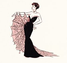 a drawing of a woman in a black dress with a pink parasol on her back