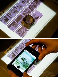 two pictures of a person holding a cell phone in front of a projector screen