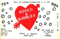 a red heart with the words rosco & bubbles on it and an arrow pointing up