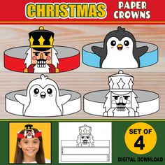 christmas paper crowns with penguins and snowmen on them for kids to color or cut