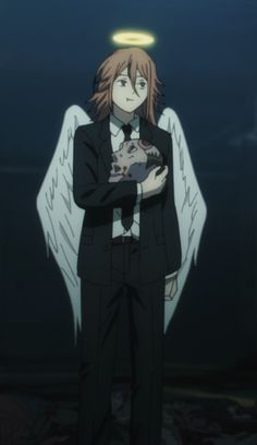 an anime character in a suit with angel wings on his shoulders and arms crossed over his chest