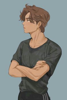 a drawing of a man with his arms crossed, wearing a black shirt and shorts