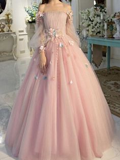 Neckline: Off-the-ShoulderSilhouette: Ball GownBuilt-in Bra: YesSleeve: Long SleevesWaist: NaturalBack Style: OtherHemline/Train: Floor-Length Fairytale Dress Prom, Bday Dresses, فستان زهري, Outfit Basic, Pink Ball Gown, Prom Dresses Long Pink, Purple Prom, Dresses Tulle, Outfit Autumn