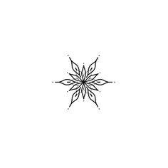 a black and white drawing of a snowflake with leaves on it's side