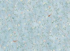 a blue wallpaper with small flowers and birds on the tree branches in pastel colors