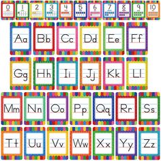 colorful alphabets and numbers are arranged in the shape of squares with different letters on them