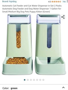 two green water dispensers with dog food in them on the same page