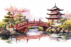 a watercolor painting of a red bridge over a river