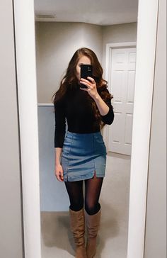 Blue Jean Skirt Fall Outfit, Keeneland Fall Meet Outfit, Fall Night Out Outfit Bar Cold Weather, Petite Thick Fashion, Denim Skirt Fall Outfits Short, Fall Outfits With Jean Skirts, Fall Outfits Skirts Boots, Work Lunch Outfit Winter, Skirt Boots Outfit Fall