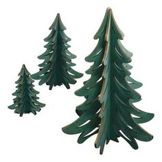 three green wooden christmas trees on a white background