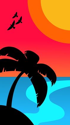 the silhouette of a palm tree and birds flying in front of an orange, blue, and pink sunset