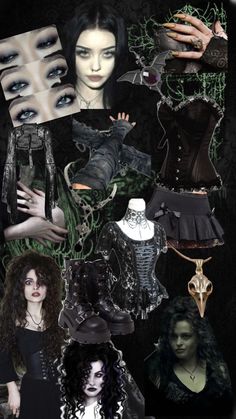 a collage of photos with different women's clothing and accessories on them, including an image of a woman in black