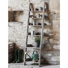 a ladder leaning against a brick wall with pots and pans on it next to a watering can