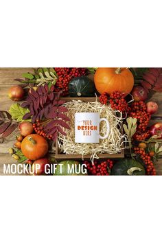 a mockup gift mug surrounded by autumn leaves and pumpkins