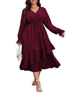 PRICES MAY VARY. FEATURES: Plus Size Maxi Dresses / Long Sleeve Dress / Plus Size Dresses for Curvy Women/ Cross V Neck Dress / High Waist / Self Tie Belt / High Low Dress / Flowy A-Line Dress / Semi Formal Dress / Plus Size Cocktail Dress / Plus Size Wedding Guest Dress/ For Spring, Summer, Fall. This Plus Size Wrap Dress, Made Of 100% Polyester, Provides You Great Breezy Feeling And Contributes a Large Portion Of Comfort. And It Is Wonderfully Regular Fit Without Restricting Your Movement DESI Fall Wedding Dress With Ruffles, Tiered Chiffon Dresses For Fall, Chiffon Tiered Dresses For Fall, Tiered Chiffon Fall Dresses, Fall Wedding Midi Dress With Ruffles, Plus Size Cocktail Dress Wedding Guest, Plus Size Fall Wedding Guest Outfit, Semi Formal Dress Plus Size, Plus Size Flowy Dress