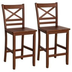 two wooden barstools sitting side by side against a white background and one has a cross back design