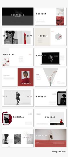 a large number of different types of webpages on a white background with black and red