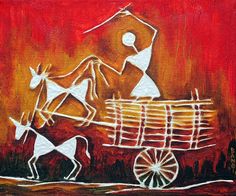 a painting of two people riding in a horse drawn carriage on a red and yellow background