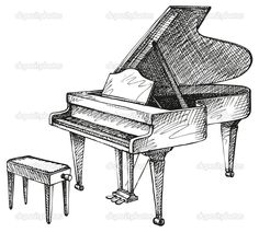 a drawing of a grand piano and stool