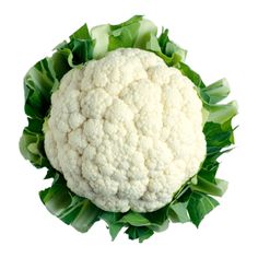 a head of cauliflower with green leaves around it on a white background, top view