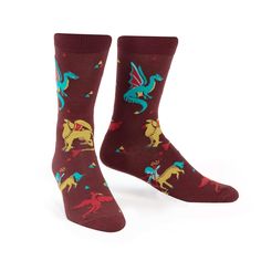 Beasts of Yore Socks by Sock It to Me are the perfect gift for that socks lover in your life. These fantasy themed mens crew socks come in color and fit Men's shoe size 7-13 and women's shoe size 8.5-14.5. Made of 61% Cotton / 36% Polyester / 3% Elastane for comfort and durability. A pair of these cool Fantasy novelty Socks will certainly give any wardrobe an instant upgrade. Wash with like colors in cold water. Tumble dry low Cool Mythical Creatures, Alien Socks, Sock It To Me, Sock Lovers, Mermaid Swimming, Comfy Socks, Mens Crew Socks, Mythical Creature, Crazy Socks