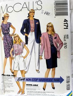 Uncut sewing pattern McCall's, 1989 #4171 Dress, jacket, pant, skirt and shorts Sizes 8/10 1980s Fashion Trends, 1980’s Fashion, 1980s Women, Green Plaid Shirt, Pattern Jacket, Shorts Pattern, Pants Skirt, City Shorts, Vogue Sewing