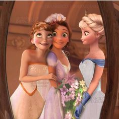 the princesses are hugging each other in front of a mirror with flowers on it