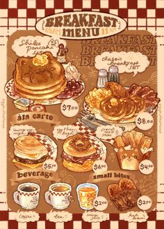 the breakfast menu is shown with different foods and drinks on it, including pancakes, french toast