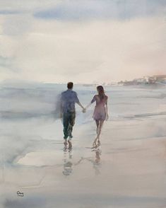 a painting of two people walking on the beach with their hands in each others's pockets