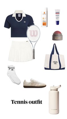 the tennis outfit is white and blue, with accessories including shoes, a tote bag, an adidas bottle, and a pair of socks