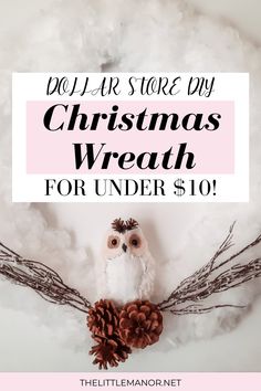 an owl sitting on top of a pile of pine cones with the words dollar store diy christmas wreath for under $ 10