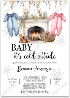 the baby it's cold outside party is set up in front of a fireplace