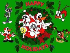 an image of cartoon characters on green background with happy holidays written in the bottom right corner