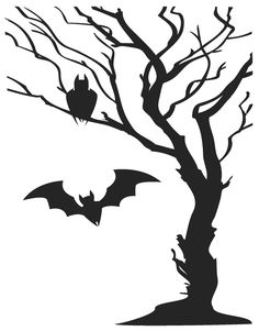 a black and white silhouette of a tree with bats hanging from it's branches