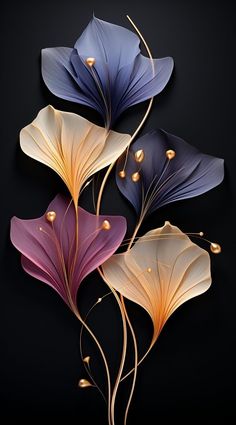 three different colored flowers on a black background with gold stems and leaves in the center