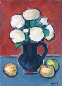 a painting of white flowers in a blue vase with lemons and apples on a table