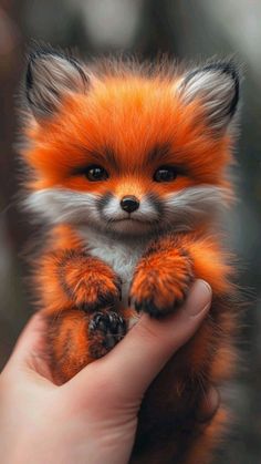 a hand holding a small stuffed fox in it's palm