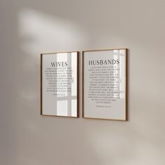 two framed posters hanging on the wall next to each other with words written below them