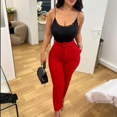 Bloggers Fav Beautiful Red Highwaisted Belted Pant,Sold Out !! Red Jeans Outfit, White Dress Pants, High Waisted Dress Pants, Slacks Trousers, Sweatpants Style, Green Trousers, Velvet Trousers, Dressy Pants, Belted Pants