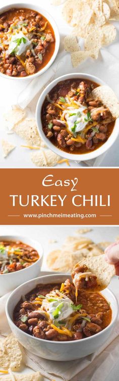 two bowls filled with turkey chili and tortilla chips