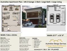 two story house plan with garage and large living area in the front, side and back