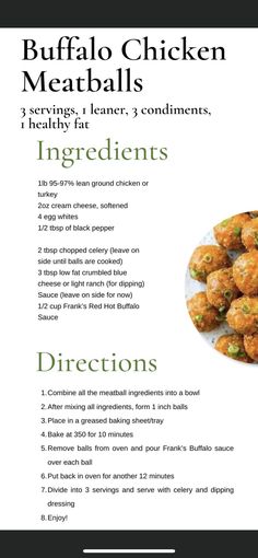 the ingredients for buffalo chicken meatballs are shown in this brochure, which includes instructions