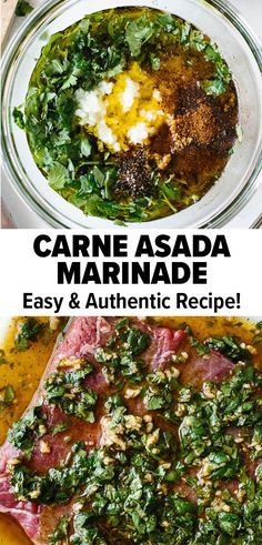 two pictures with different types of food and the words carne asada marinade