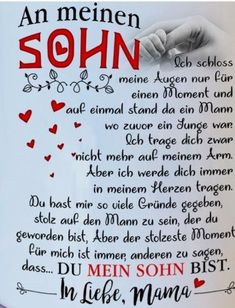 a poem written in german on a white mug with red writing and hearts around it