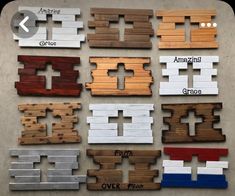 several different types of wood with numbers and names on them, all in different colors