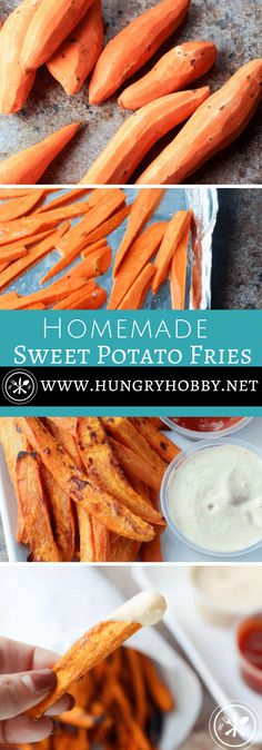 homemade sweet potato fries with ranch dressing and ketchup are the perfect side dish